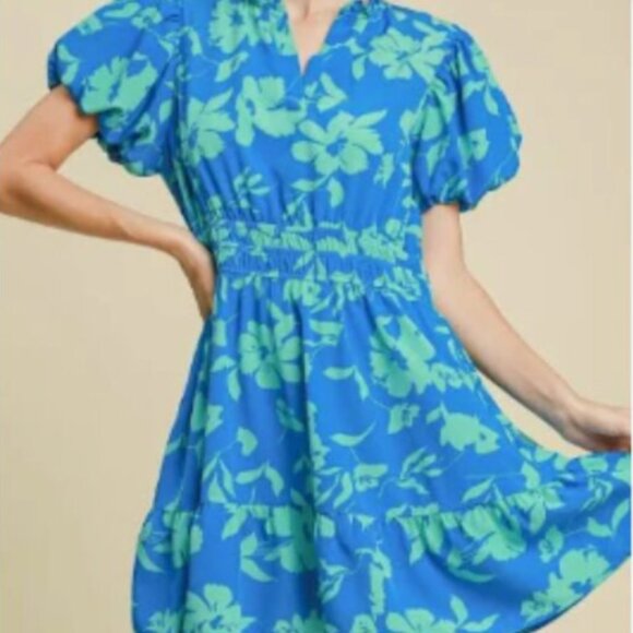 Umgee Blue & Teal Floral Mini Dress Size Small - Picture 3 of 6